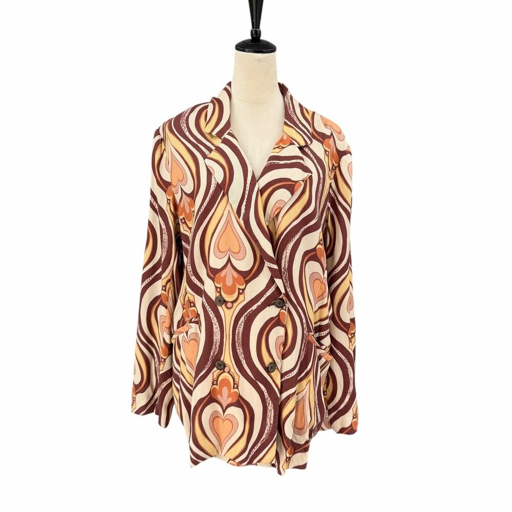 Free People NWT One Way Out Brown Print Double Breast Relaxed Long Blazer AS IS